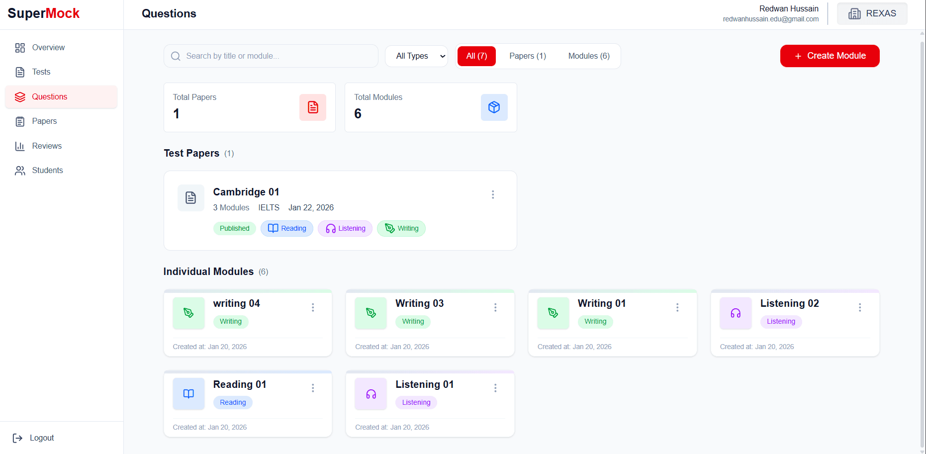 SuperMock dashboard page overview